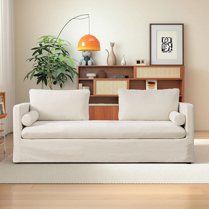 Chifee & Vingol 82.68" Oversized Chaise Lounge Indoor Modern Upholstered 2-Seater Daybed Sofa Bench with Pillows & Armrests Lounge Sleeper Sofa for Living Room Bedroom Office,Beige