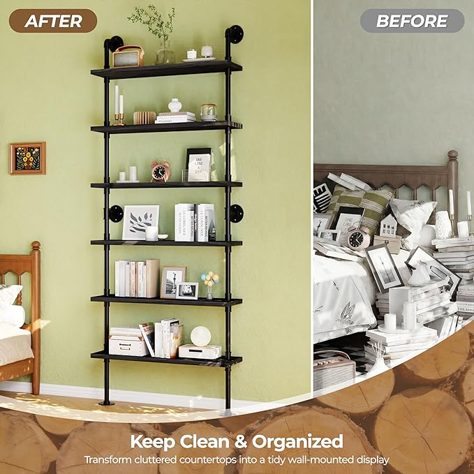 6 Tier Industrial Ladder Shelf Bookcase, Wall Mounted Rustic Bookshelf for Living Room Decor and Storage (Black, 6 Tier - 10" D x 36" W x 82.5" H)