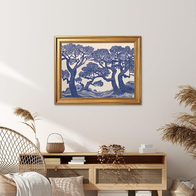 Vintage Oak Tree Prints Linocut Forest Canvas Wall Art Blue Woodland Landscape Painting Posters Botanical Wall Decor Moody Tree Poster Large Nature Art Print for Living Room 24x36inch Golden frame