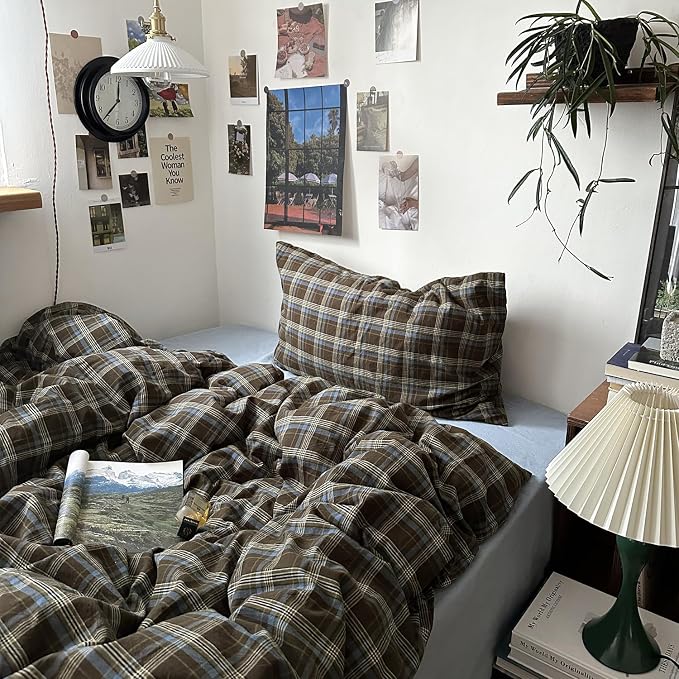 mixinni Vintage Buffalo Plaid Duvet Cover Set Queen Size - 3 Piece Washed Cotton Bedding Set with Grid Pattern, Soft & Breathable Duvet Cover with Pillowcases for All Seasons,(Brown & Blue,Beige)