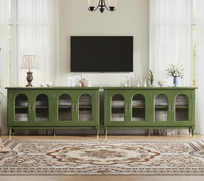 iPormis Fluted Arched Buffet Cabinet Set of 2, 59" Vintage Sideboard with Glass Door & Adjustable Shelves, Mid Century Modern Solid Wood Credenza Accent Cabinet for Living Room, Entryway, Green