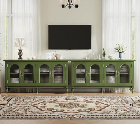 iPormis Fluted Arched Buffet Cabinet Set of 2, 59" Vintage Sideboard with Glass Door & Adjustable Shelves, Mid Century Modern Solid Wood Credenza Accent Cabinet for Living Room, Entryway, Green