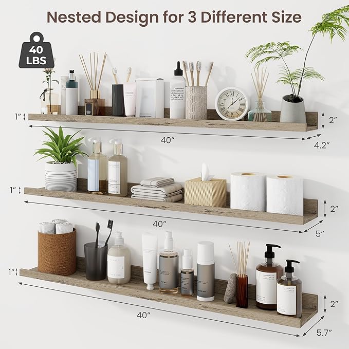 Axeman 40 Inch Floating Shelves | Grey Picture Ledge Shelf Set of 3 | Rustic Grey Wood Wall Shelves with Lip | 40" Picture Shelf for Wall with Ledge | Photo Shelves