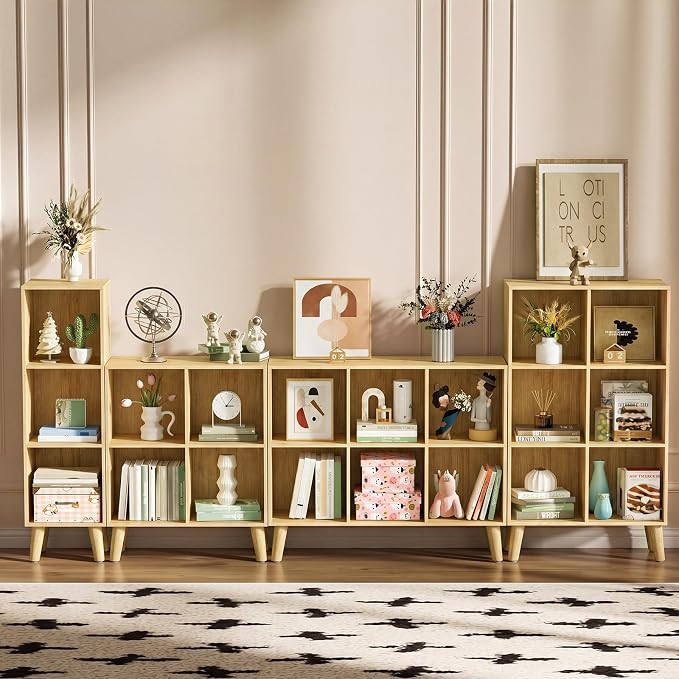 3 Cube Storage Organizer with Legs, 3 Tier Cube Low Bookcase Freestanding Storage Organizer for Home Office, Livng Room,Three-Cubes Open Shelf Short Bookshelf (Natural Oak, 3 Cube)