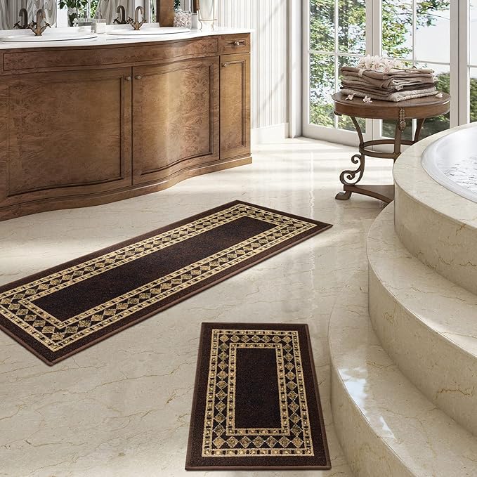 Antep Rugs Alfombras Modern Bordered 2pc Non-Skid (Non-Slip) Low Profile Pile Rubber Backing Indoor Kitchen Runner Rugs (Brown Beige, 2pc Set)