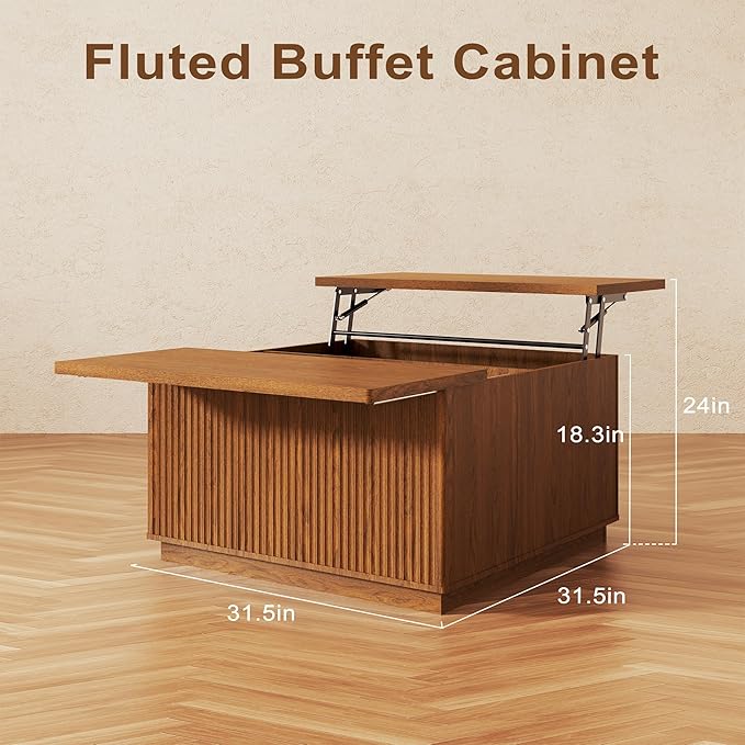 Lift Top Coffee Table with Storage,Fluted Square Center Table with Large Hidden Space,31.5" Coffee Table with Lifting Top,Center Table for Living Room,Brown