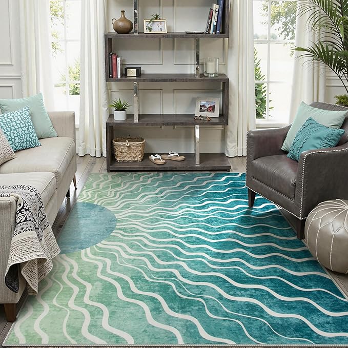 Wonnitar Boho Sun Washable Area Rugs 5x7, Green Rugs for Living Room Dining Room, Non Slip Ultra Thin Modern Ombre Dark Green Carpet for Classroom Bedroom Playroom, Teal/Multi