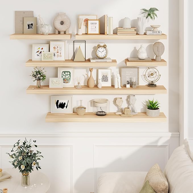 Fun Memories Wood Floating Shelves Set of 2, Rustic Pine Wood Floating Shelves for Wall Mounting, Wide Wall Shelf for Home Decor and Storage, 36" W x 7" D, Natural Unfinished, DIY Stain