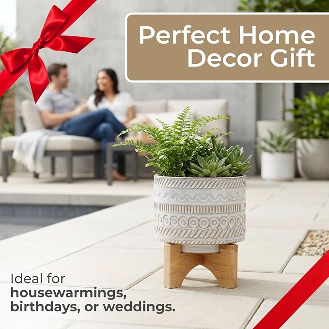 Embossed Ceramic Planters with Wood Stand for Flower Pots Home Decor Pots for Entryway, Tabletop, and Garden - Small Raised Container with Stand for Indoor and Outdoor Plants - 8", Ivory & Tan