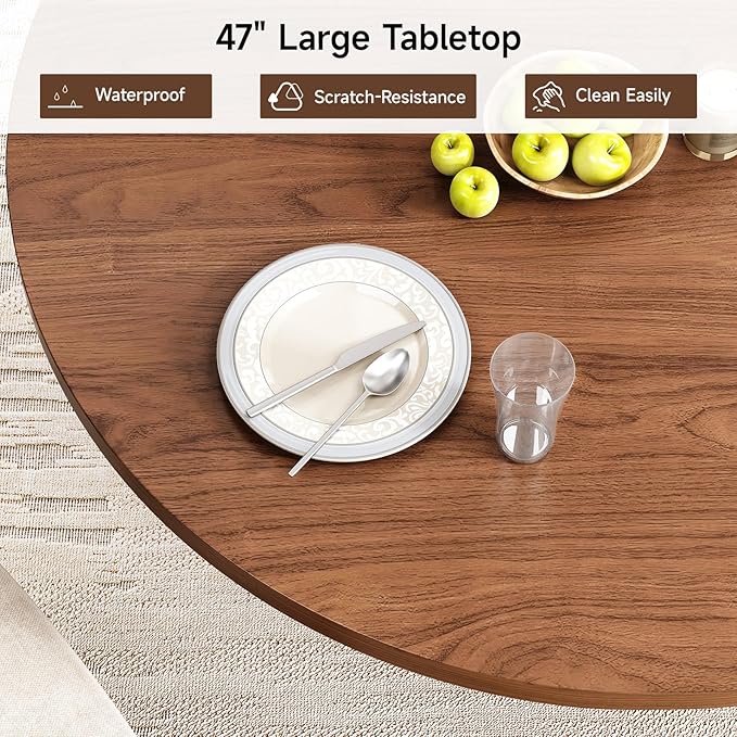 47 inch Round Dining Table for 4, Circle Kitchen Table with 2-Layer Storage Shelf and a Drawer, Modern Farmhouse Dinner Tables with Sliding Door and Wood Strip Base for Kitchen, Living Room (Walnut)