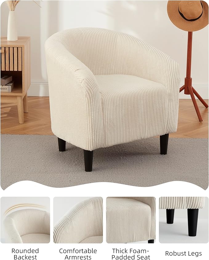 GarveeHome Barrel Accent Chair Corduroy Club Chair Elegant Armchair Cozy Backrest for Living Room Bedroom Reception Room Office - Beige