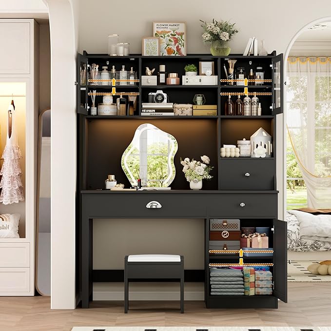FACBOTALL Computer Desk with Hutch and RGB Lights, 65" Office Desk with Power Outlet, Makeup Vanity with 3 Doors & 3 Drawers, Executive Desks for Home, Work and Study, Black (Black)