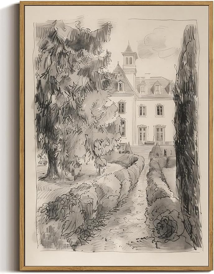 WALLZK Vintage Framed Wall Art French Country Sketch Canvas Prints Neutral Landscape Cottagecore Decor Pictures Artwork for Walls Living Room Bedroom Bathroom 12"x16"