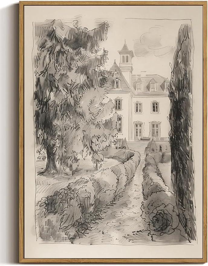 WALLZK Vintage Framed Wall Art French Country Sketch Canvas Prints Neutral Landscape Cottagecore Decor Pictures Artwork for Walls Living Room Bedroom Bathroom 8"x10"