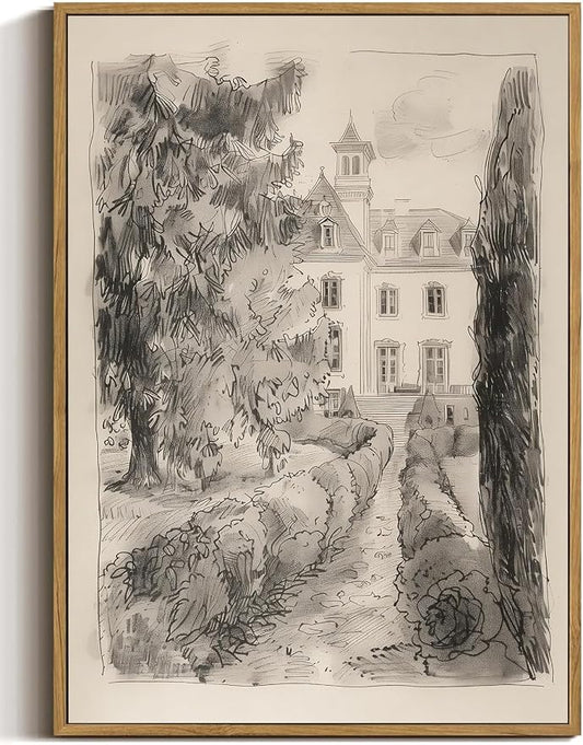 WALLZK Vintage Framed Wall Art French Country Sketch Canvas Prints Neutral Landscape Cottagecore Decor Pictures Artwork for Walls Living Room Bedroom Bathroom 8"x10"