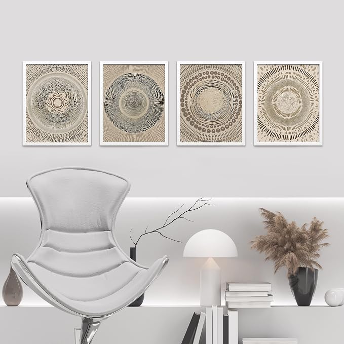 SIGNWIN Framed Art Beige Abstract Geometric Circle Stroke Minimalist Folk Boho Mid-Century Inspired Digital Print Decorative Zen Bedroom Relax Multicolor - 8"x10"x 4 White