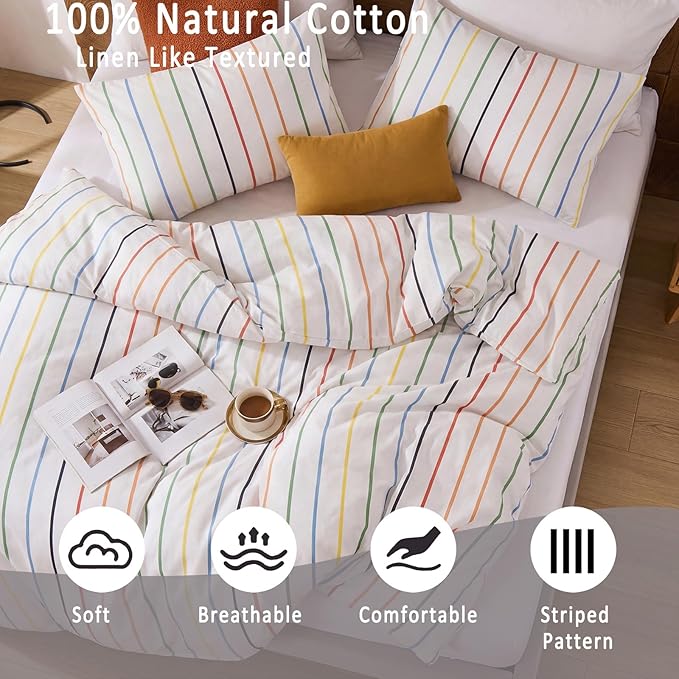 Merryword Rainbow Striped Duvet Cover Set Queen Size, 100% Cotton Bedding Set with Zipper Closure & 8 Corner Ties, Luxury Linen Like Bedding, Soft Breathable Comforter Cover for All Seasons
