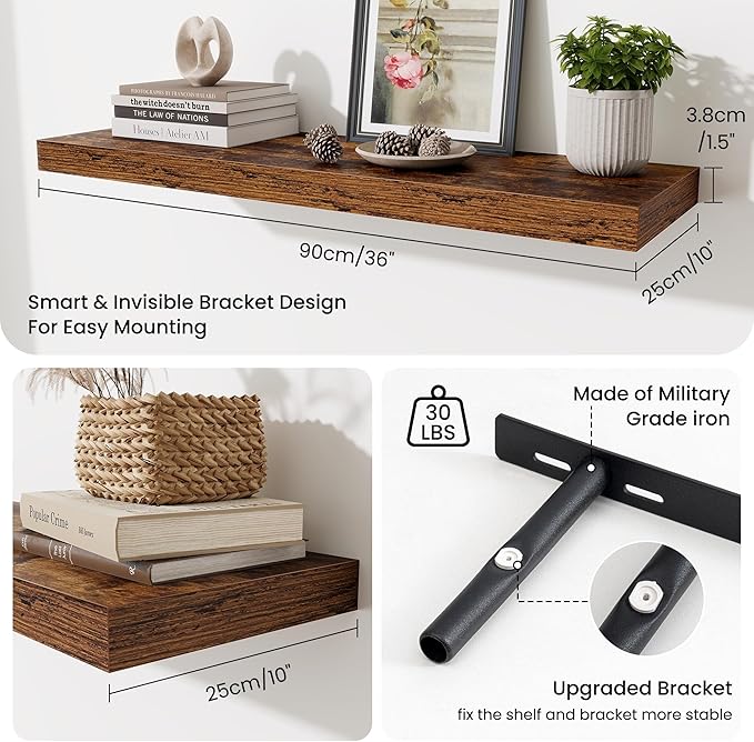 Fun Memories Floating Shelves for Wall 36 Inches, Wood Shelves with Invisible Bracket, 10" Deep Shelves Wall Mounted, Large Floating Shelves for Living Room Bathroom, Rustic Brown, Set of 2
