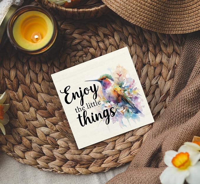 Hummingbird Decor - Hummingbird Gifts For Women, Inspirational Wooden Box Signs, Enjoy The Little Things Motivational Wood Decoration Home Decor For Desk Table Shelf 5x5 Inch