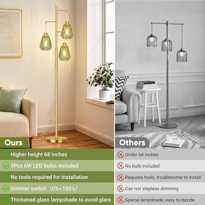 QiMH Glass Floor Lamps for Living Room, Tree Standing Lamp with Stepless Dimmable, 68" Modern Tall Lamps for Bedroom Home Office, Rotary Switch, 3 LED Bulb Included, Brushed Gold
