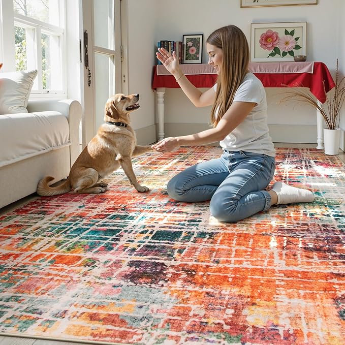 Beeiva Abstract Rugs for Bedroom 4x6, Modern Washable Non Slip Rug Non Skid, Ultra Thin Foldable Soft No Shedding Carpet for Living Room Bathroom Playroom Office - Multicolor