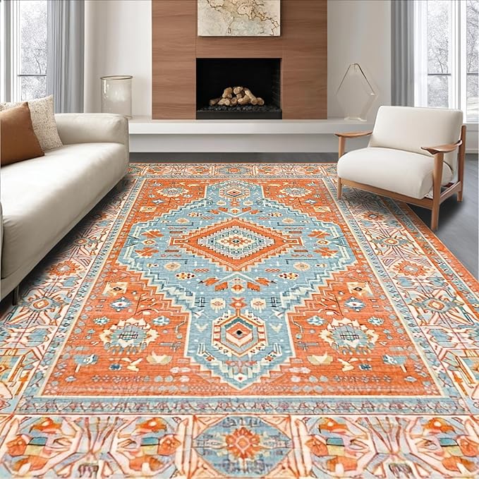 Flatwoven High Traffic Area Rug 5x7, Southwest Desert Bloom Motif Floor Covering with Elegant Detail, Non Slip, Stain Resistant, Washable Area Rugs for Living Room, Bedroom (Blue, 5x7)