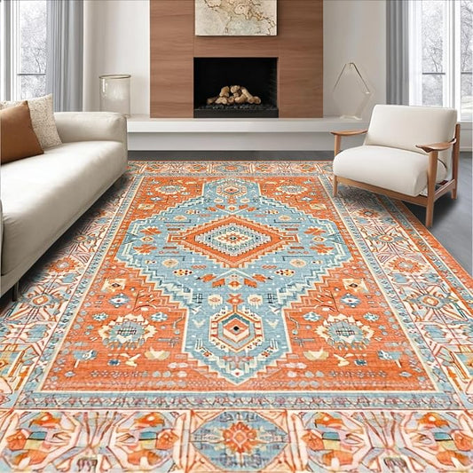 Flatwoven High Traffic Area Rug 8x10, Southwest Desert Bloom Motif Floor Covering with Elegant Detail, Non Slip, Stain Resistant, Washable Area Rugs for Living Room, Bedroom (Blue, 8x10)