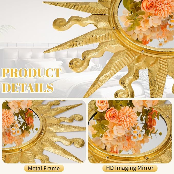 Golden Sun Wall Mirror Decorative 24 inch Metal Frame Mirror Sunburst Boho Mirror for Entryway Bedroom Living Room Bathroom House Warming Gifts New Home Essential