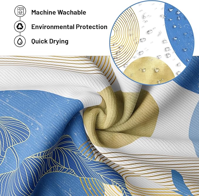 Light Blue and Gold Shower Curtain Boho Blue and White Shower Curtains for Bathroom Decor Mid Century Modern Bath Curtain Set, Waterproof Fabric with Hooks 70 x 72 Inch