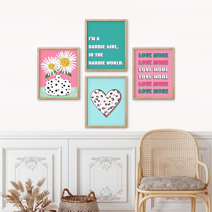 SIGNWIN Framed I'm a Barbie Girl in The Barbie World Wall Art, Set of 4 Heart, Chrysanthemum Illustration Wall Decor Prints, Preppy Room Decor Wall Décor for Living Room, Bedroom - 12"x16" Natural