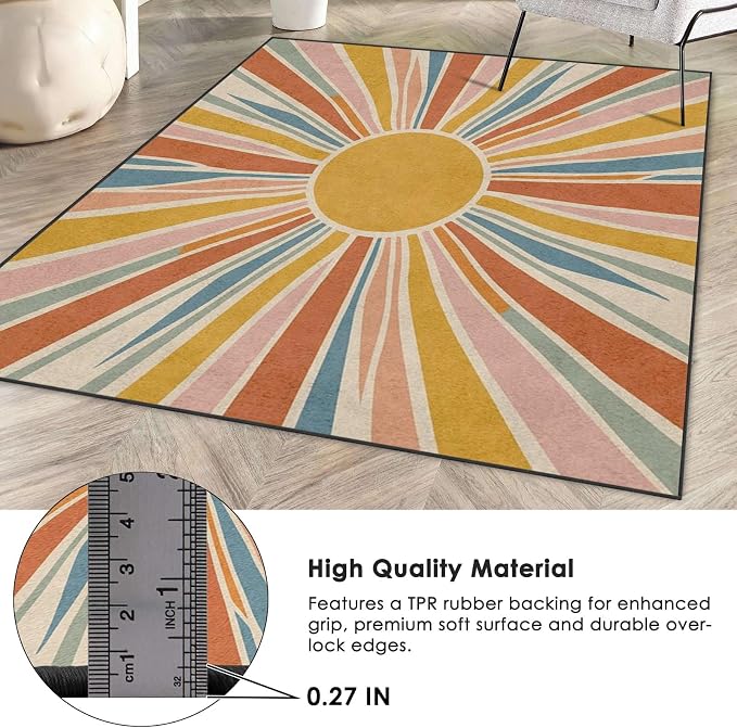 Area Rugs 2'x3' Washable Rug, Boho Retro Sunburst Stain Resistant Non Slip Backing Vintage Sunshine Carpet for Living Room Bedroom Dining Room