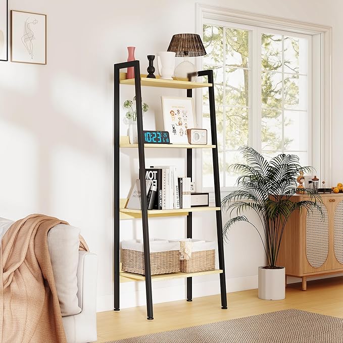 Ladder Shelf, 4 Tier Ladder Shelf, 22” Wide Tower Storage Shelf for Books, Anti Tip Feature, Steel Frame, Perfect for Bookshelf, Plants, Kitchen, Living Room, Office, Natural Oak