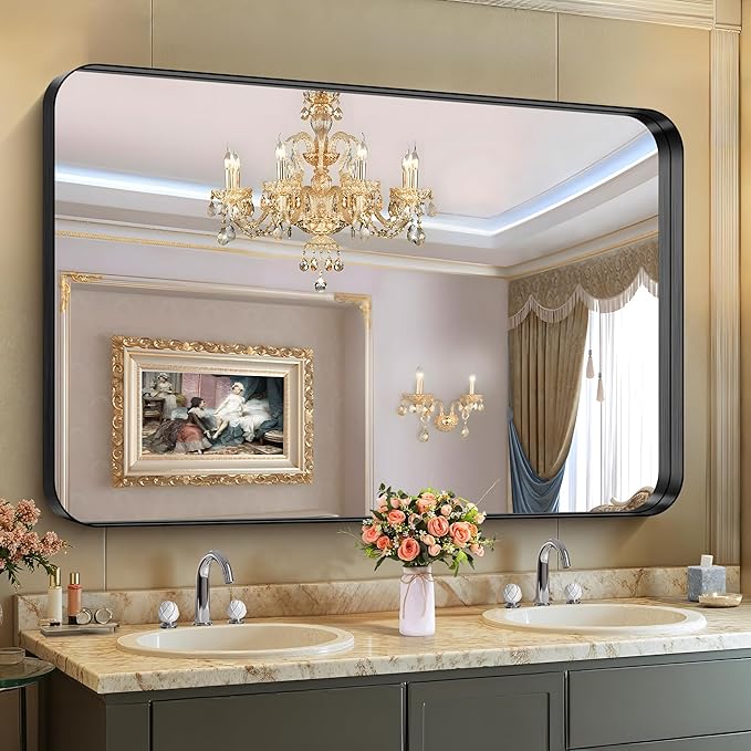 CIRCUMI Black Bathroom Mirror, 36"x55" Rectangular Mirror with Deep Metal Frame, Rounded Corner, Tempered Glass, Large Mirror for Wall, Over 2 Sinks, Installed Vertically/Horizontally, Crystal-Clear