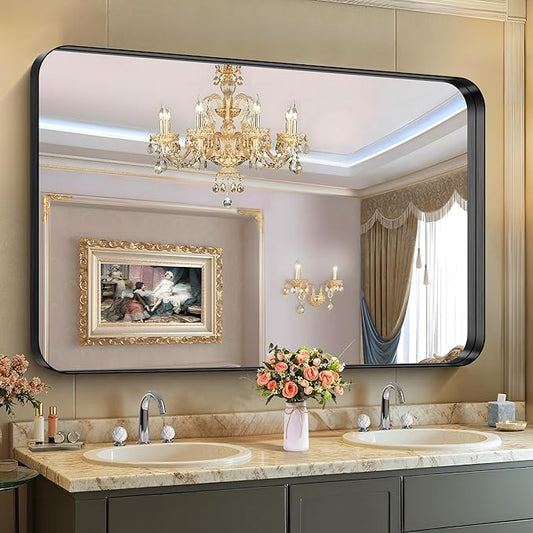 CIRCUMI Black Bathroom Mirror, 36"x55" Rectangular Mirror with Deep Metal Frame, Rounded Corner, Tempered Glass, Large Mirror for Wall, Over 2 Sinks, Installed Vertically/Horizontally, Crystal-Clear