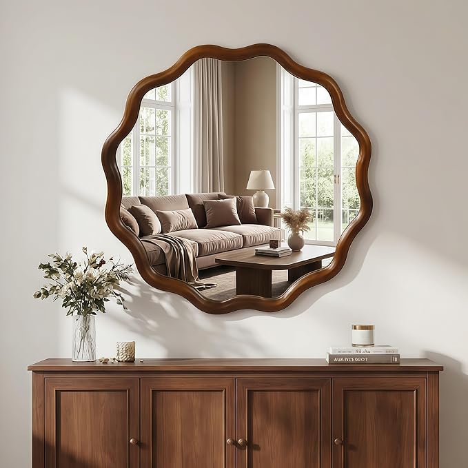 24" Wavy Round Solid Wood Frame Decorative Mirror, for Bedroom, Bathroom, Living Room, Entryway, HU26052223 (Walnut)