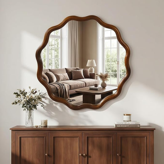 24" Wavy Round Solid Wood Frame Decorative Mirror, for Bedroom, Bathroom, Living Room, Entryway, HU26052223 (Walnut)