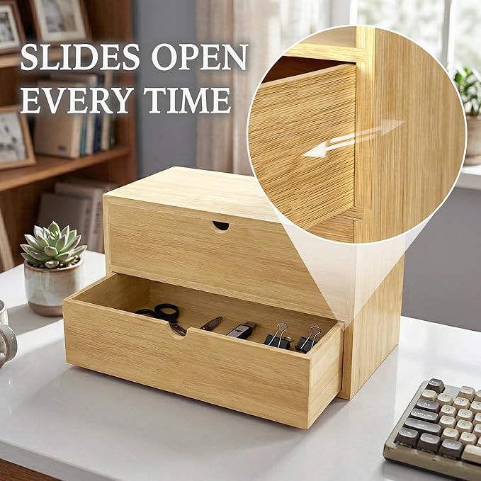 Bamboo Desk Organizer with 2 Drawers, Desktop Drawers Wooden Storage Box 13.4 x 7.1 x 7.5 Inches Countertop Organizer for Office Supplies, Solid Wood Tabletop Drawer No Assembly Required