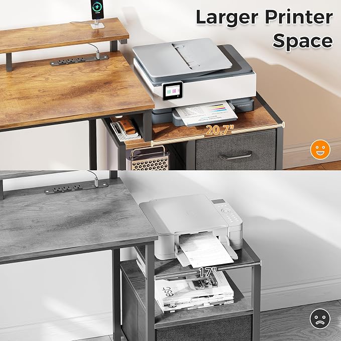 AODK Computer Desk with Printer Storage Shelf, 56 Inch Office Desk with Drawers & Power Outlet, Reversible Desk Space-Saving Workstation with Individual PC Stand, Rustic Brown
