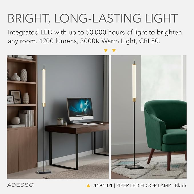 Adesso LED Floor Lamp – Black with Antique Brass and Frosted Shade, 4-Way Brightness, 12W Integrated LED Accent Light for Living Room, Bedroom, and Home Office, 72” Tall