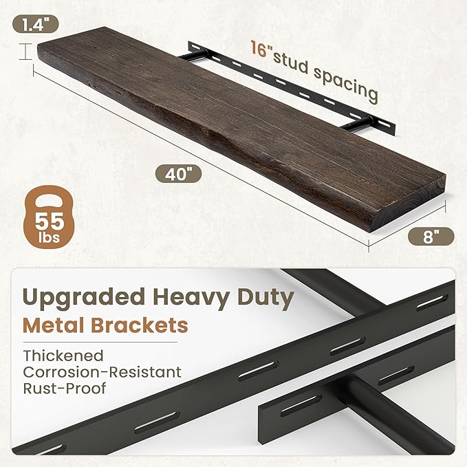 Fun Memories Floating Shelves for Wall Decor Set of 1-40 Inch Solid Elm Wood Live Edge - Rustic Walnut Wall Shelves with Invisible Brackets - for Living Room, Bedroom, Kitchen - Walnut Finish
