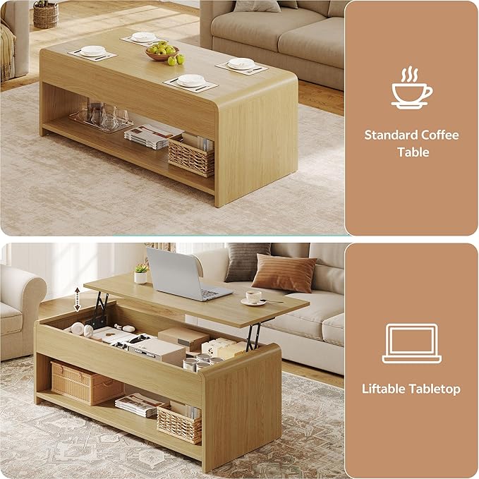 Lift Top Coffee Table, 35'' Multi-Function Coffee Table with Hidden Compartment & Open Shelf, Curved Profile Design, Converts to Home Office Table, Dining Table for Living Room, Natural