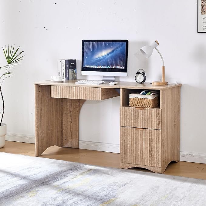 55" Modern Computer Desk with Keyboard Tray, Built-in Power Outlets, Fluted Design, 2-in-1 Main Drawer & Adjustable File Drawer, Office Desk for Home Workspace (Light Oak)