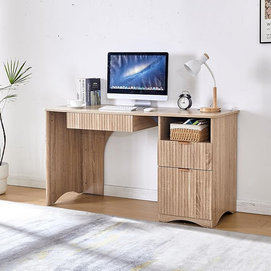 55" Modern Computer Desk with Keyboard Tray, Built-in Power Outlets, Fluted Design, 2-in-1 Main Drawer & Adjustable File Drawer, Office Desk for Home Workspace (Light Oak)