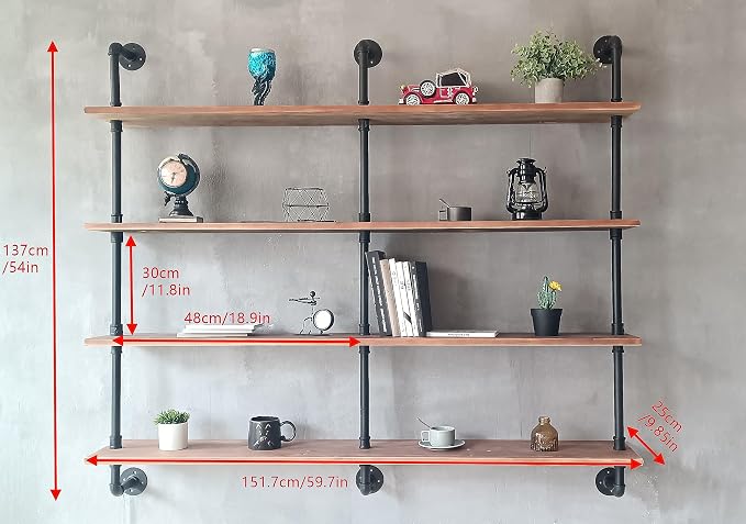HDDFER Floating Shelves for Wall Bookshelf Industrial Pipe Shelving Shelves 60 Inch Natural Wood Planks Rustic Wall Shelves Hanging Bookshelves Farmhouse Kitchen Shelving