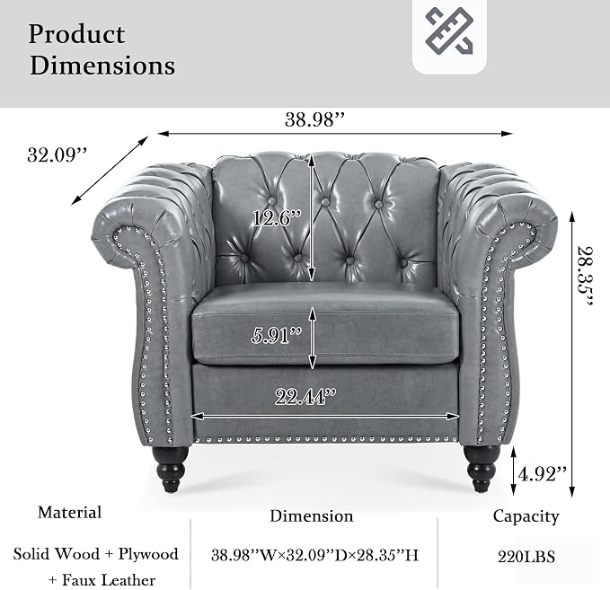 Yoglad Faux Leather Accent Chair, Retro Style Armchair with Rolled Arms, Comfy Single Sofa with Wood Legs and Nailhead for Living Room, Bedroom, Apartment (Grey, 39")