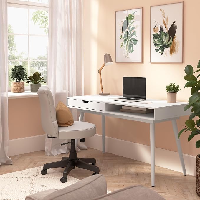 Bush Home Nora 54W Writing Desk with Storage in Pure White | Large Wooden Computer Table for Home Office, Study Room, or Entryway