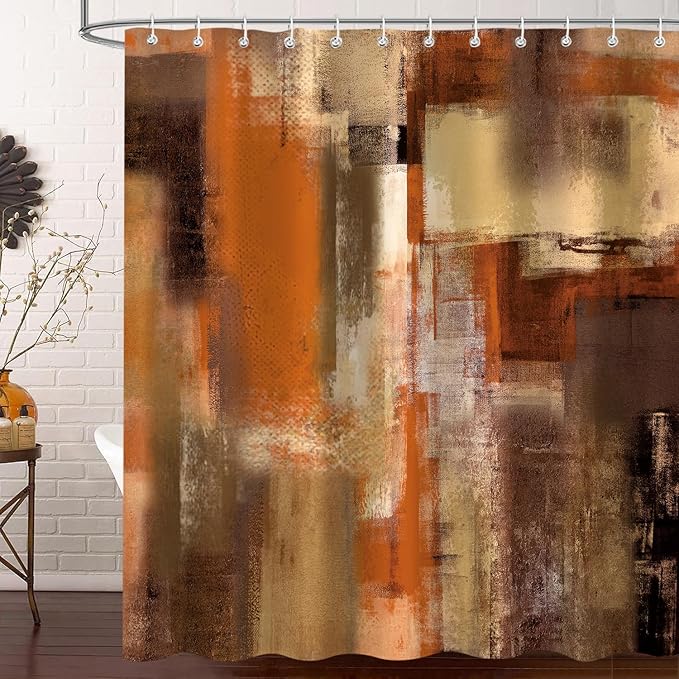 Burnt Orange Abstract Oil Shower Curtain, Modern Art Red Brown Painting Fabric Bathroom Curtains Decor Set, Waterproof Polyester Fabric Bath Curtain with Hooks 72x84 Inch