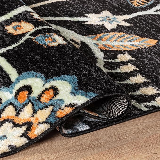 Rugshop Black Floral Runner Rug – Colorful Botanical Indoor Carpet for Living Room, Bedroom, or Dining Room – Soft Low-Pile, Non-Shedding Traditional Runner Rug 2' 3" x 8'