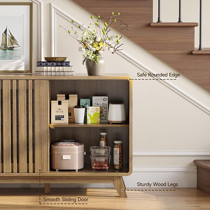 ONBRILL Sideboard Buffet Cabinet with Storage, Fluted Buffet Cabinet with Sliding Doors & 4 Drawers, Mid Century Modern Coffee Bar Wine Bar Credenza for Living Room, Kitchen (Natural Oak)