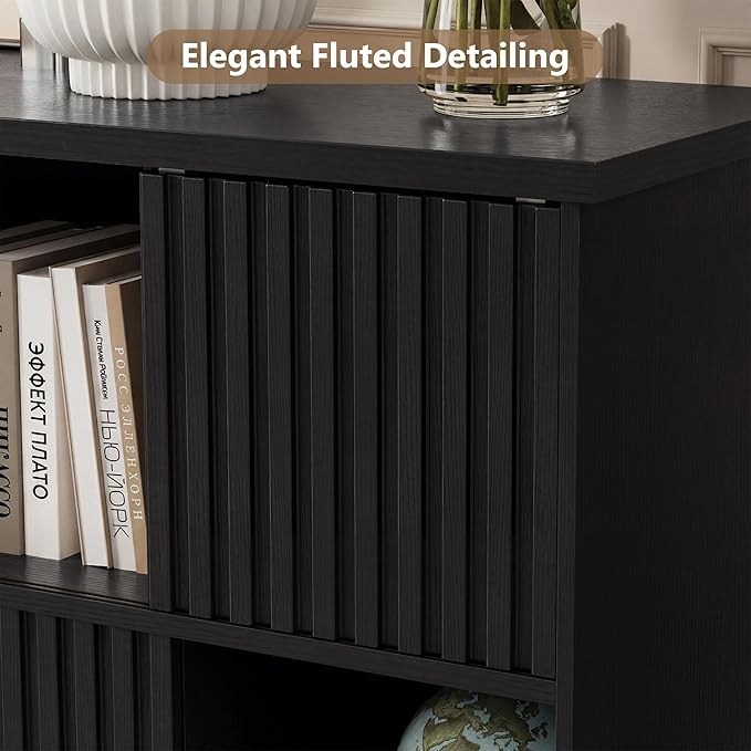 Einhomn 8 Cube Storage Organizer with Sliding Doors, Modern Fluted Bookshelf with Storage Cabinet, Wooden Bookcase with 4 Open Shelves for Living Room, Home Office, Bedroom, Black